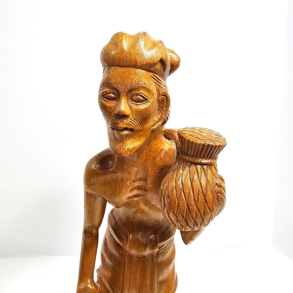 Vintage Hand Carved Wood Balinese Man Statue Water Carrier Folk Art 12in